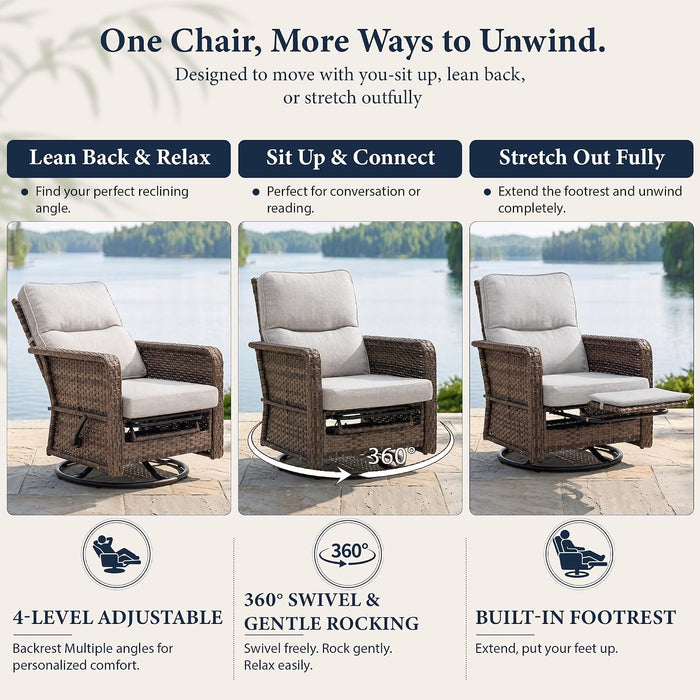 3 Piece Patio Furniture Set, Swivel Rocking Recliner Chairs with Footrests