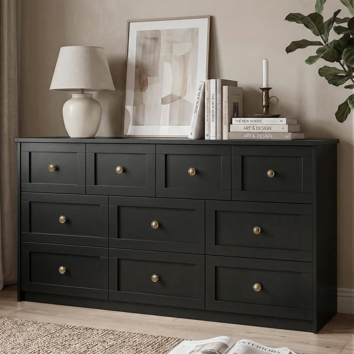 59" Wide Black 10 Drawer Dresser for Bedroom with Gold Metal Handle