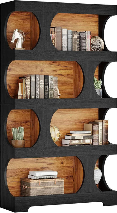 71" Tall Black Bookcase, Modern Asymmetrical Bookshelf, 4-Tier Freestanding Display Shelf with Classic Shape, Large Library Book Shelf for Living Room, Home Office