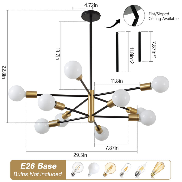 12-Light Modern Sputnik Chandeliers Black & Gold Ceiling Light Fixtures for Dining Room Living Room Bedroom