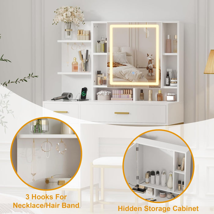 Makeup Vanity Desk with Lights in 3 Colors, White Vanity Table with Charging Station, Visible Drawers