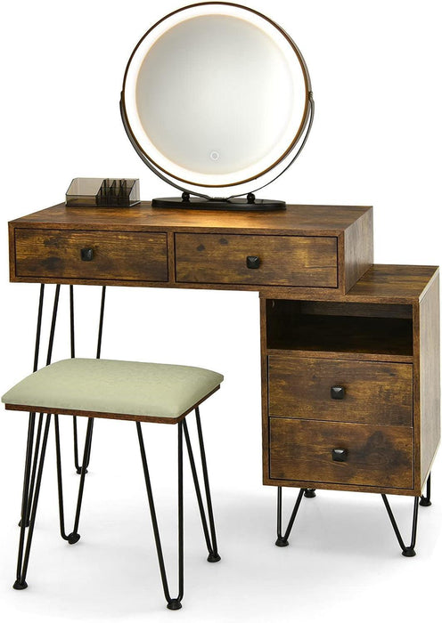 Vanity Desk with Reversible Side Cabinet, Makeup Vanity Table with Lighted Mirror, 3 Color Lights, 4 Drawers, Bedroom Dressing Table with Nightstand and Stool, Rustic Brown