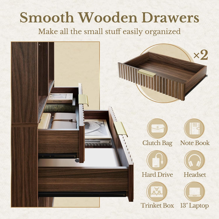 Bookshelf, Bookcase with Doors and 2 Drawers, Fluted Tall Bookshelf with 4-Tier Storage Shelves, 73 Inch Wooden Book Shelf for Home Office, Living Room, Black Walnut