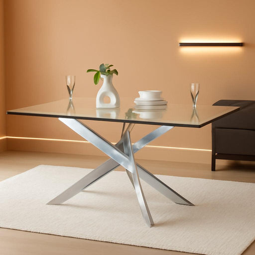 58.5” Rectangle Glass Dining Table, Tempered Glass Tabletop and Metal Tubular Legs, Modern Style Table for Home, Kitchen, Dining Room 58.5”Lx29”Wx30”H, Silver