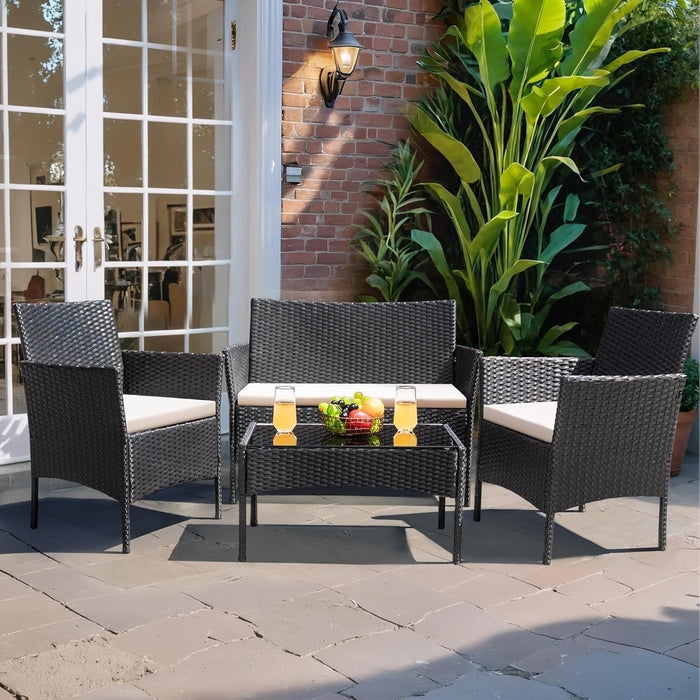 Patio Furniture 4 Pieces Conversation Sets Outdoor Wicker Rattan Chairs Garden Backyard Balcony Porch Poolside Loveseat with Cushion and Glass Table, Black and Beige