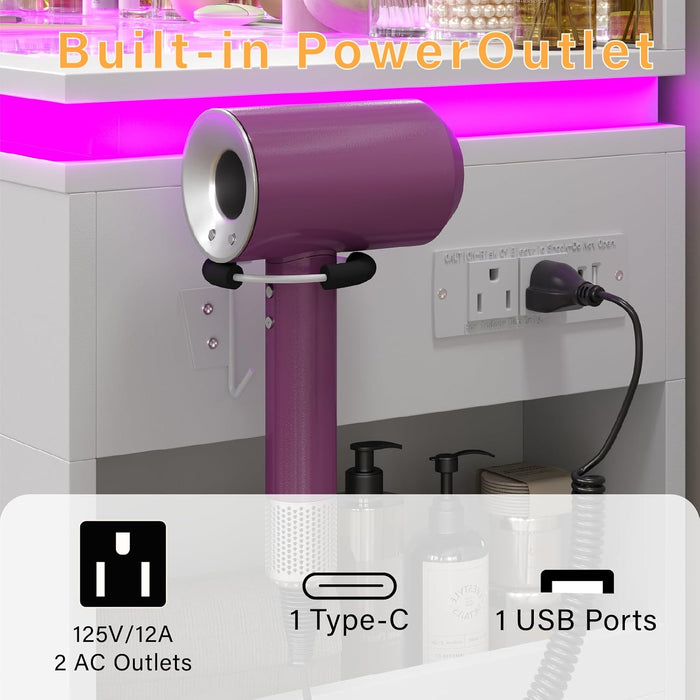 White Vanity Desk with Illuminated Mirror & Power Outlet, Bedroom Dresser LED Mirror Stepless Dimmable & 3 Color Modes Adjustable RGB Drawers, for Women Girls Bedroom, Pure White