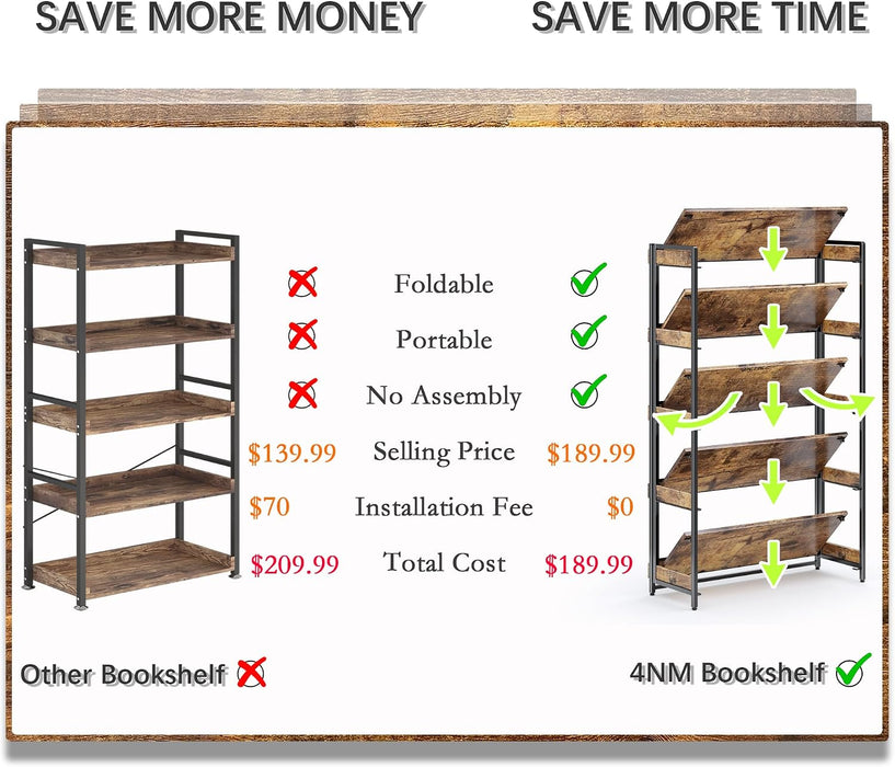 Extra Wdie No Assembly Folding Bookshelf, 64.3" H X 30.9" W, 5 Tier Collapsible Book Shelf Bookcase Foldable Shelves for Bedroom Living Room Home Office - Rustic Brown & Black
