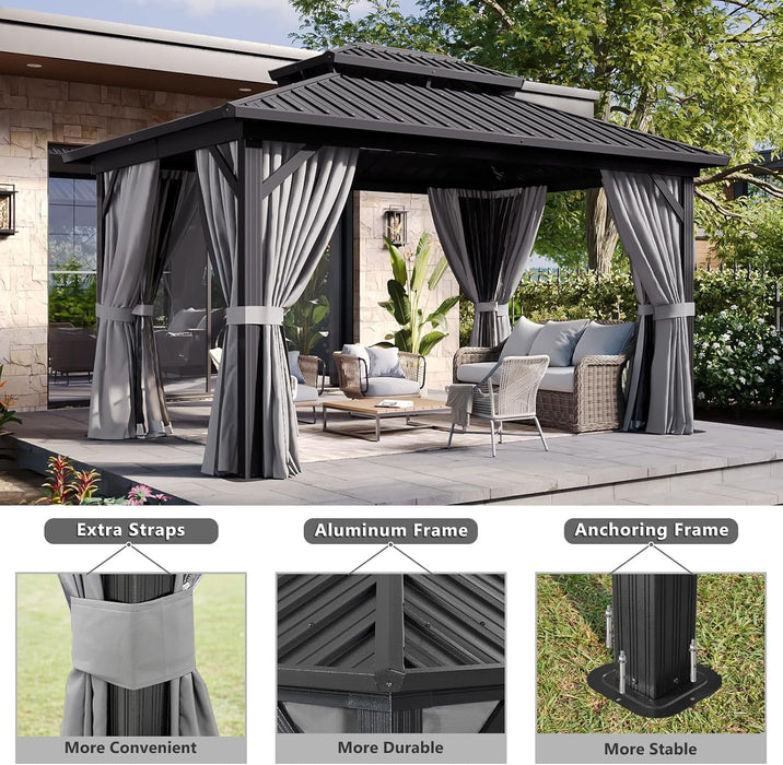 10' X 14' Hardtop Gazebo, Aluminum Metal Outdoor Gazebo with Galvanized Steel Double Roof, Permanent Patio Pavilion with Breathable Netting and Curtains for Dining, Wedding, Party