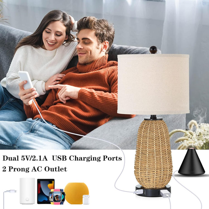 Touch Control Rattan Table Lamps, 3 Way Dimmable Bedside Lamps for Bedroom Set of 2 with 2 USB Ports and AC Outlet, Nightstand Lamps for Living Room (LED Bulbs Included), Grass