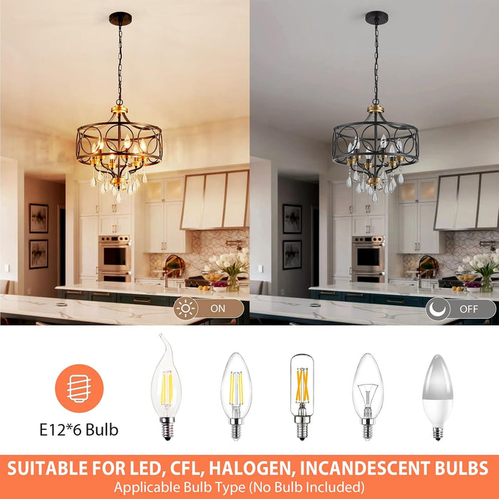 Crystal Chandeliers for Dining Room,17.7" Black and Gold 6 Lights Hanging Pendant Lighting Fixture Metal Farmhouse Chandelier for Kitchen Island Entryway Living Room