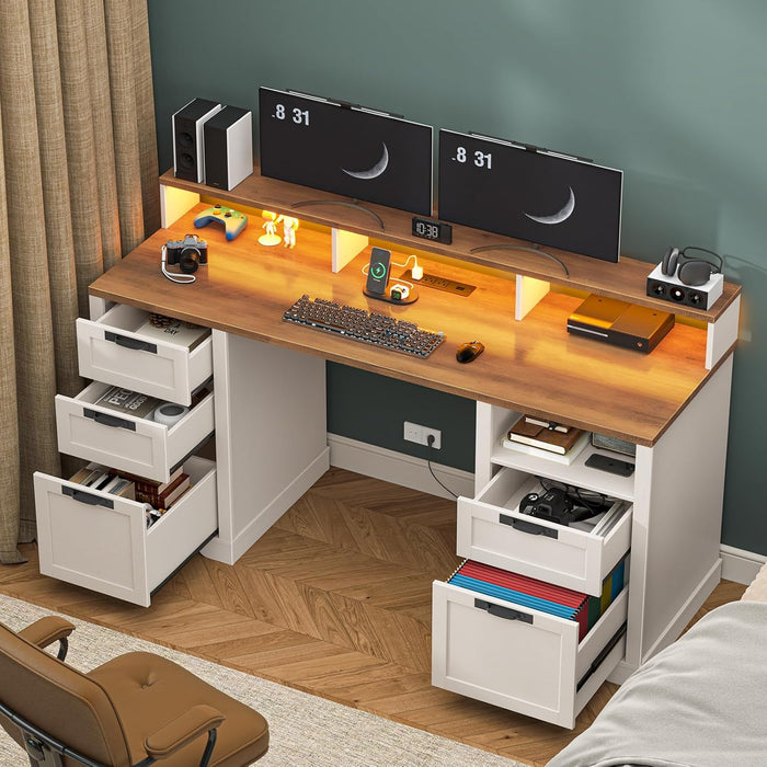61" Farmhouse Executive Desk with LED Lights and Power Outlets,Computer Desk with Monitor Stand & File Drawers,Large Workspace with Storage Drawers for Home Office,Study,White