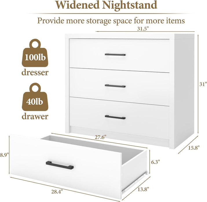 3 Drawer Dresser for Bedroom, Wood Samll Chest of Drawers with Wide Storage Organizer, Mid-Century Modern Tall Nightstand for Closet, Entryway, Hallway, White