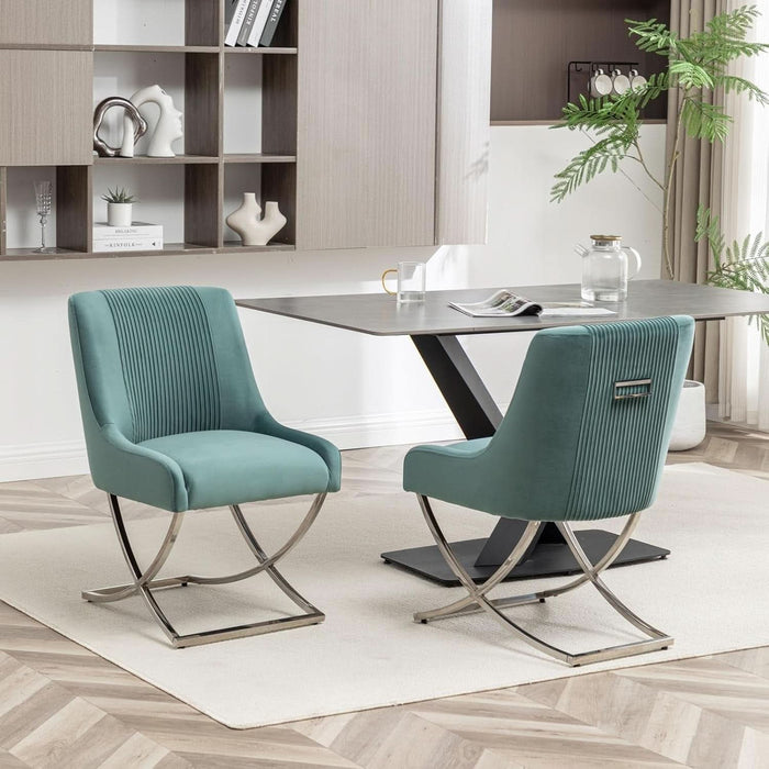 Kitchen Dining Chairs Set of 2,Accent Modern Upholstered Velevt,Contemporary Tufted Metal Chairs with X-Shaped Sliver Legs for Dining Room,Living Room, Reception Room(Green)