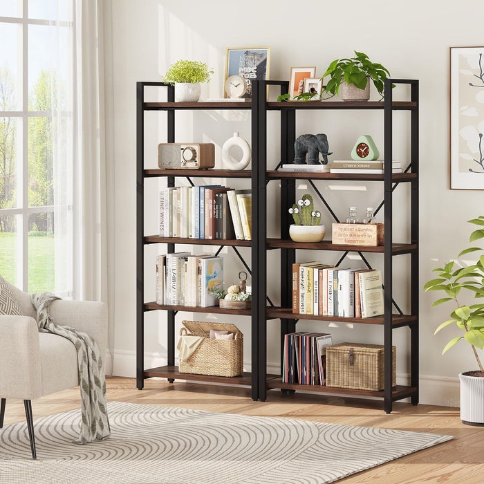 5 Tier Industrial Bookshelf Dark Walnut WoodFinish