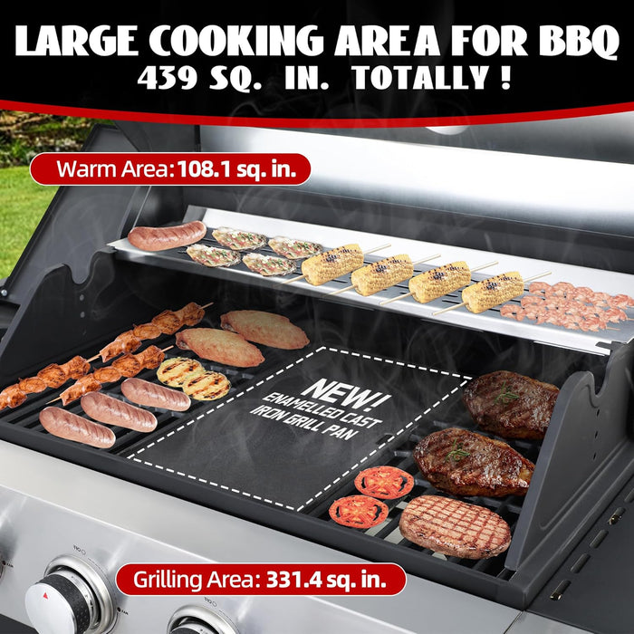 4-Burner Propane Gas Grill with Side Burner, 46,000 BTU Outdoor BBQ Grill with Porcelain-Enameled Cast Iron Grates and Griddle Pan, Built-In Thermometer Stainless Steel Grill for Outdoor Cooking