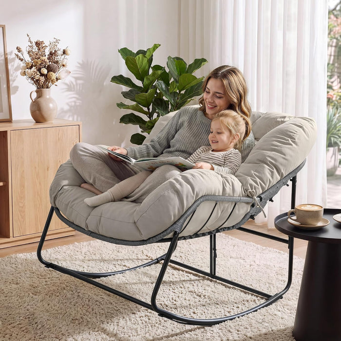 Oversized Egg Rocking Chair for Indoor Outdoor – All-Weather Wicker Rattan Lounge Chair with Cushion Patio Rocker for Porch Garden or Balcony (Beige)