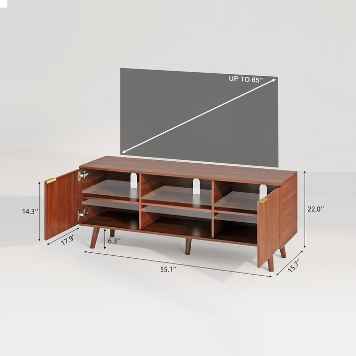 55 Inch Fluted TV Stand with Storage, Mid Century Modern Entertainment Center with Adjustable Shelf, TV Table Stand up to 65 Inches Tvs for Living Room, Bedroom, Walnut