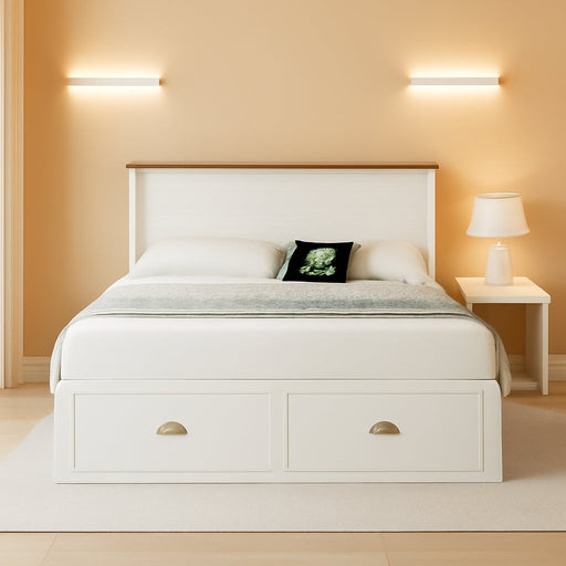 Full Size Murphy Bed, Farmhouse Wooden Cabinet with Charging Station and Storage Drawer for Bedroom/Office/Guest Room, White+Barnwood