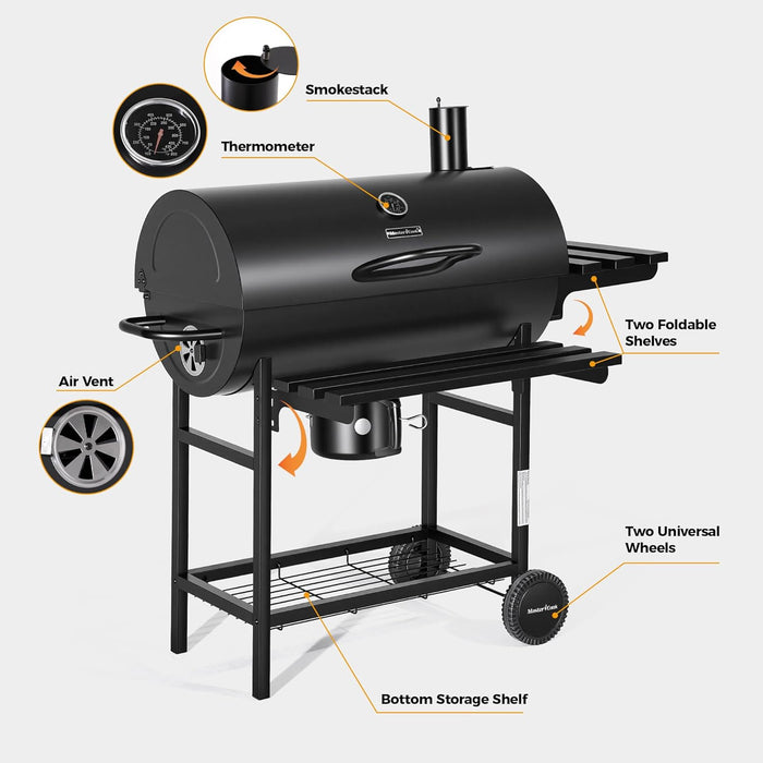 Barrel Charcoal Grill with Foldable Front Shelf, 686 Sq.In. Cooking Area Outdoor Bbq Grill,Thermometer and Adjustable Air Vents for Patio, Parties,Backyard, Tailgating, Black