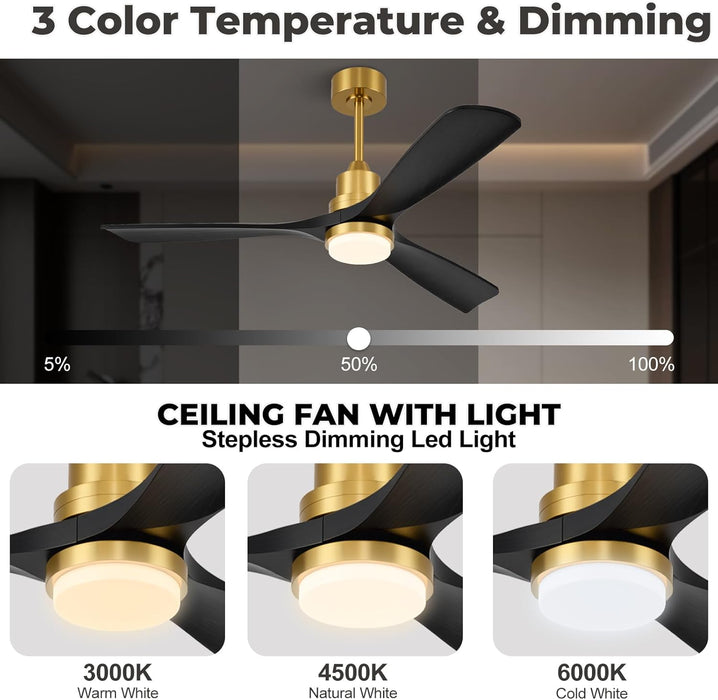 52 Inch Smart Ceiling Fan with Lights,Outdoor Ceiling Fan 3 Wood Blades Compatible with Alexa/Gg Voice Control&App&Remote,Quiet DC Motor for Covered Patio Porch Bedroom,Black and Gold