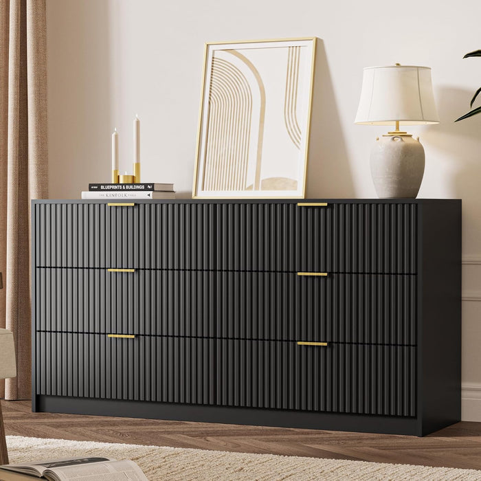 55" Wide Fluted 6-Drawer Double Dresser for Bedroom, Black