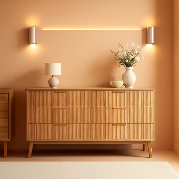 Fluted 6 Drawer Dresser for Bedroom, 55" Wide Wooden Chest of Drawers with Rounded Corners, Gold Handles, Modern Storage Organizer for Bedroom, Hallway(Walnut)