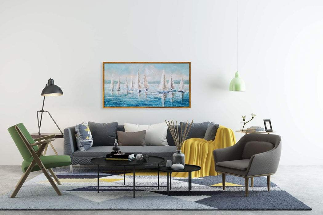 Sailing Ship Canvas Wall Art - Coastal Painting Boat Pictures Abstract Beach Ocean Artwork with Floating Framed Hand Painted Textured for Living Room Bedroom Bathroom Decor