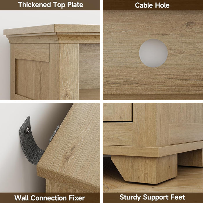 60 Inches Sideboard Buffet Cabinet with Storage, Large Credenza with 4 Carved Doors, Open Storage Shelf, Adjustable Shelves, Coffee Bar Cabinet for Kitchen, Living Room, Natural