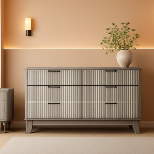 53" Long Dresser for Bedroom, 6-Drawer Dresser with Fluted Fronts, Wide Wood Chest of Drawers, Smooth Metal Slides, Stable Base, Modern Clothes Storage Cabinet for Living Room, Hallway