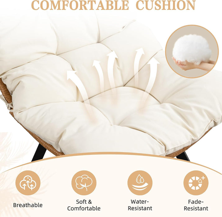 Swivel Wicker Chair PE Rattan Chair with Cushion, Oversized Patio Lounge Chair for Outdoor, Indoor, Balcony, Backyard, Garden, Living Room, Beige