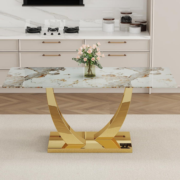 71' Faux Marble Dining Table - Dining Room Table for 6-8, Gold Kitchen Table with 0.4 Thickened Marble Pattern Tempered Glass Top and Golden Rectangular Base