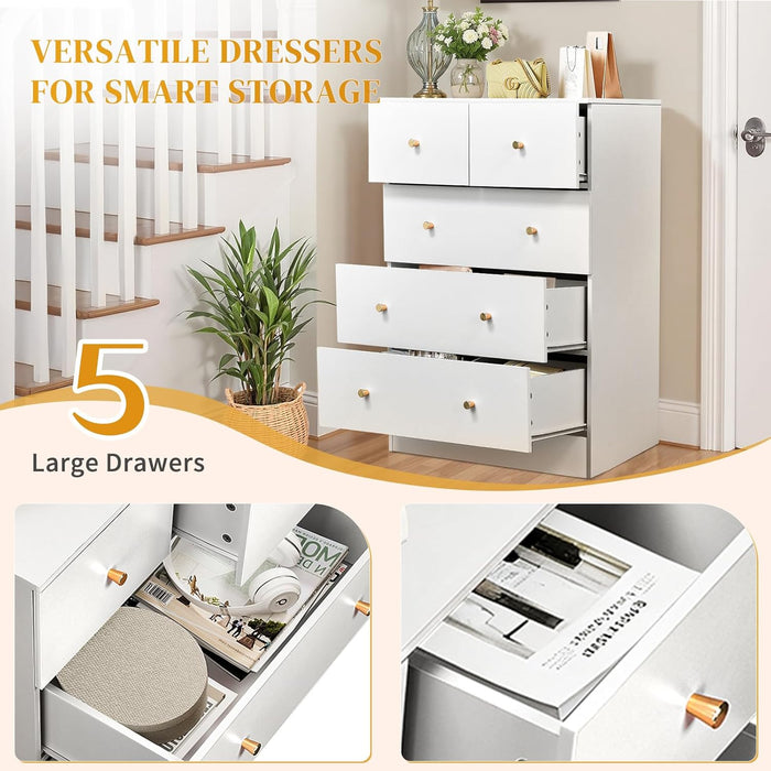 Modern White 5 Drawer Dresser For Bedroom Storage Organization