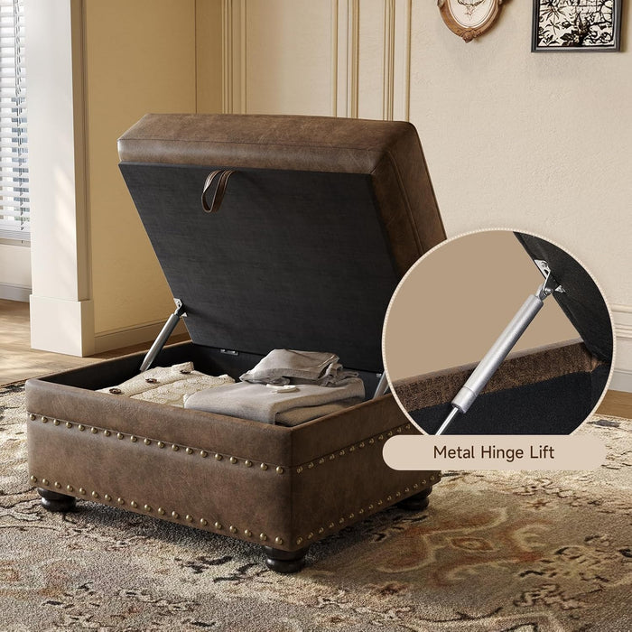 Faux Leather Ottoman with Storage, Rectangle Ottoman Coffee Table with Nailhead Trim, Solid Wood Legs, Oversized Upholstered Footrest Stool for Living Room, Bedroom, Apartment, Brown