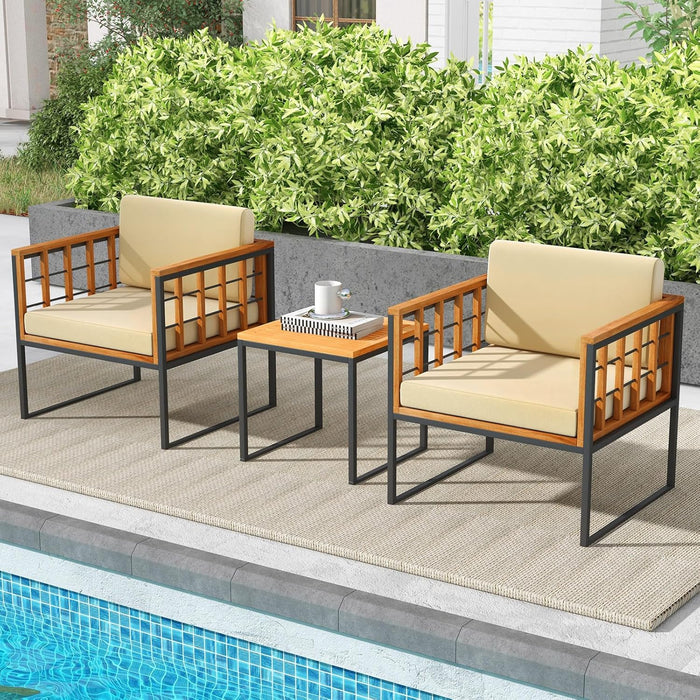 3 Pieces Patio Chair Set, Acacia Wood Outdoor Sofa Set with Metal Support, Soft Seat & Back Cushions Included, Cushioned Bistro Set for Balcony, Porch, Backyard (Beige)