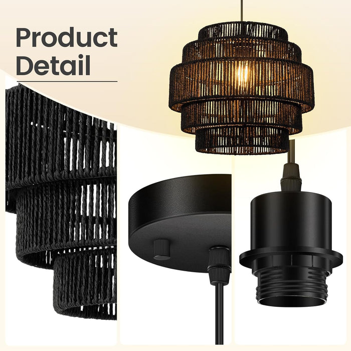 Black Boho Rattan Chandelier With Handwoven Shades