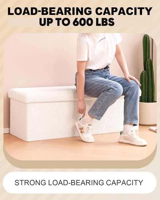 Small Storage Ottoman Cube Sherpa Ottomans Foot Rest, Foldable Boucle Ottoman Bench, Faux Teddy Fur, Cream White 43.3"X15"X15"