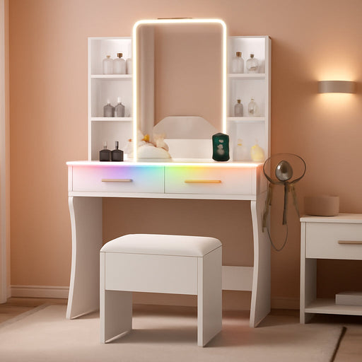 White Vanity Desk With Illuminated Mirror Compartment
