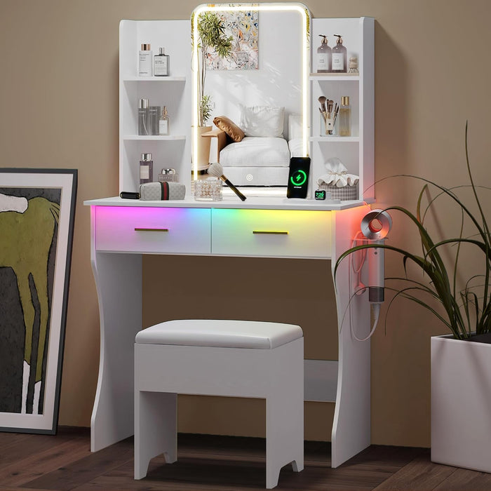 White Vanity Desk With Illuminated Mirror Compartment