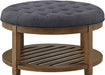 Large round Upholstered Tufted Linen Ottoman Coffee Table, Large Footrest Ottoman with Wood Shelf Storage-Charcoal