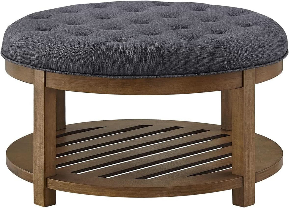 Large round Upholstered Tufted Linen Ottoman Coffee Table, Large Footrest Ottoman with Wood Shelf Storage-Charcoal