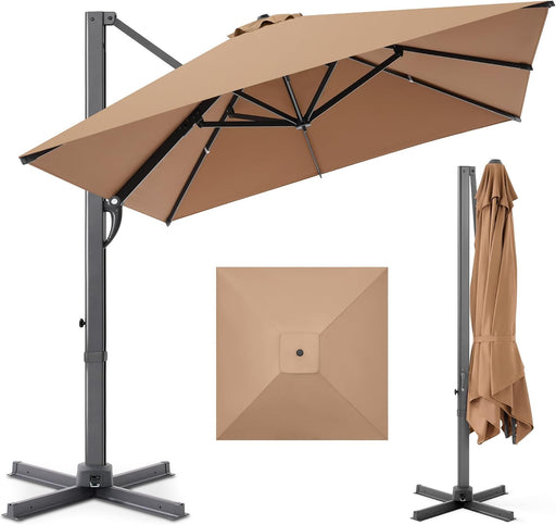 10X10Ft Cantilever Patio Umbrella, 5 Year Fade Resistant 260 GSM Canopy, Smooth Tilt Adjustment, and Aluminum Frame - Tan