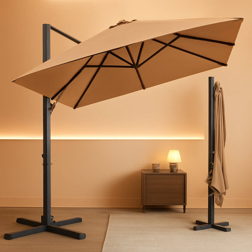 10X10Ft Cantilever Patio Umbrella, 5 Year Fade Resistant 260 GSM Canopy, Smooth Tilt Adjustment, and Aluminum Frame - Tan