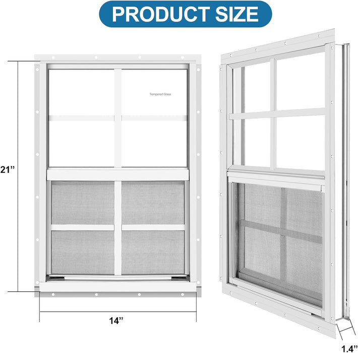 2 Pack Shed Window 14" W X 21" H, White Flush Mount Window with Tempered Glass and Removable Screen for Playhouses, Sheds, Garage and Chicken Coops