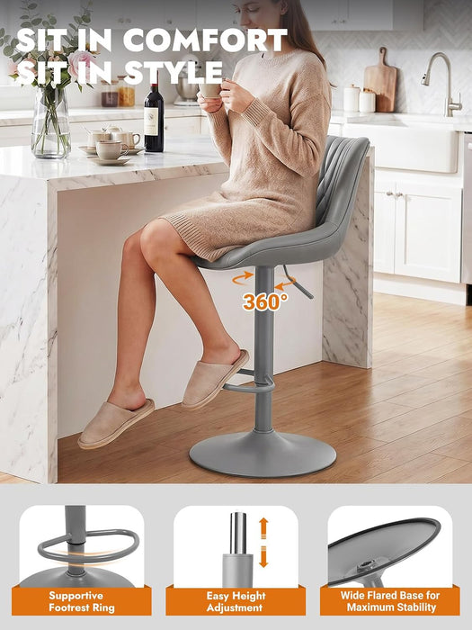 Swivel Bar Stools Set of 2, Height Adjustable Counter Height Bar Stools with Open Back and Footrest, Premium Faux PU Leather, Modern Upholstered Bar Chairs for Kitchen Island/Bar/Counter, Gray