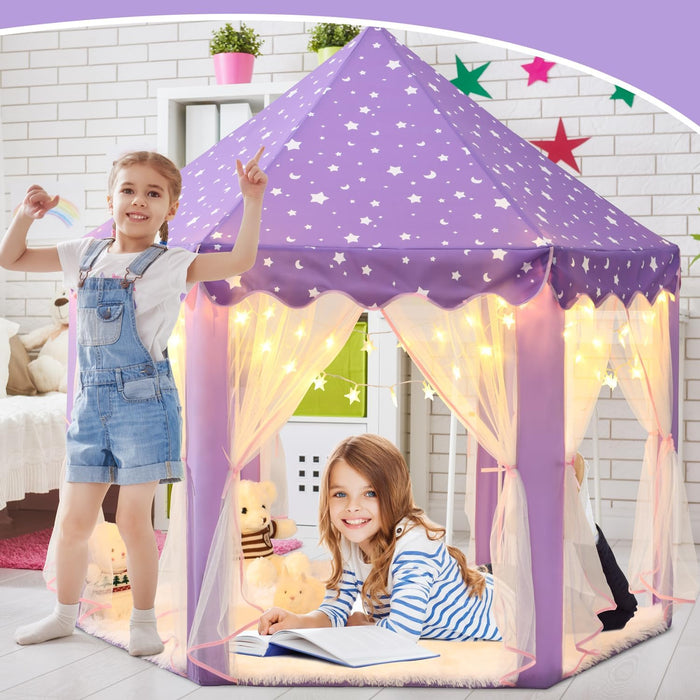 Purple Princess Tent for Girls, Kids Play Tent with LED Small Star Lights, Castle Playhouse Tent for Children Toddlers Indoor Outdoor Games, 55×53 Inches