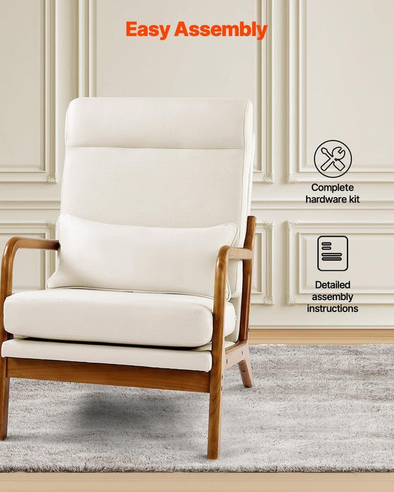 Accent Chair, High Back Mid Century Modern Armchair with Solid Wood Frame and Non-Slip Legs, Upholstered Leisure Chair with Linen Fabric and 5.3 in Thickened Cushion, for Living Room, Bedroom