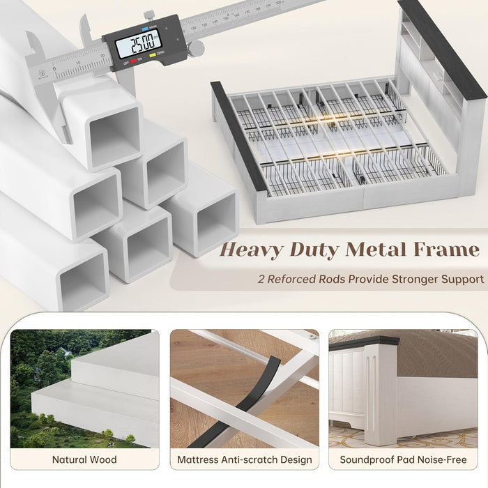 King Size Bed Frame and Headboard & Storage, 4 Drawers and LED Built in Charging Station King Bed Frame with Storage Farmhouse,No Noise,No Box Spring Needed,White