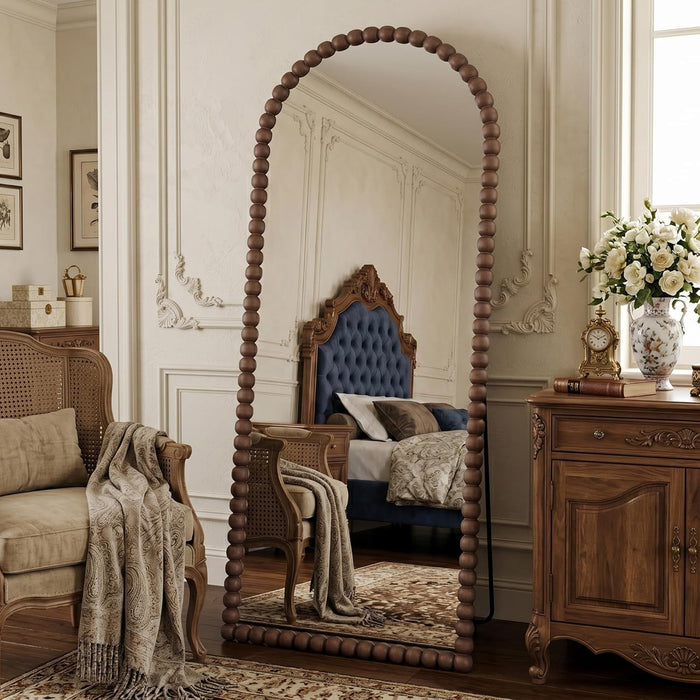 71" X 28" Arched Full Length Mirror, Antique Beaded Frame Floor Standing or Wall Mounted Mirror with Stand for Bedroom, Entryway, Brown, Luxury Style