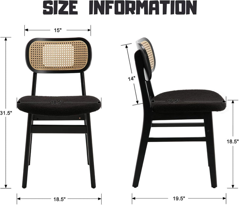 Black Rattan Dining Chairs Set of 4 Lambswool Dining Room Chairs Natural Wooden Kitchen Chairs Farmhouse Boho