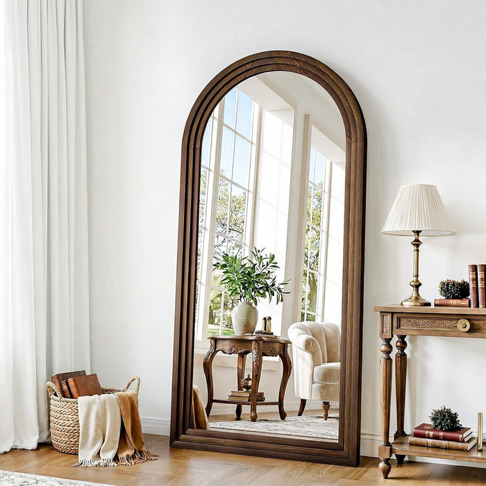 30"X71" Full Length Mirror Solid Wood Frame, Arched Floor Mirror Full Length with Stand, Room Decor Big Full Body Mirror with HD Tempered Glass for Bedroom, Living Room, Walnut Wood